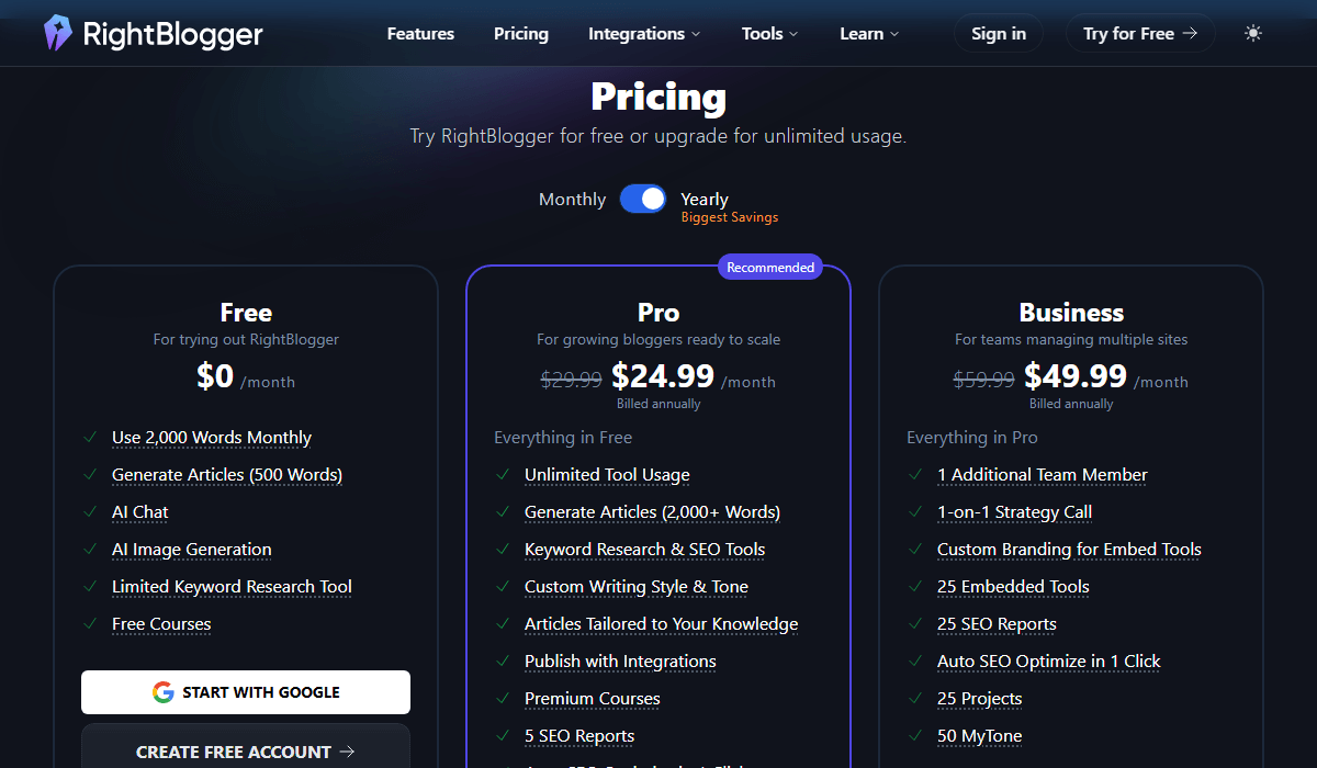 RightBlogger Pricing Plan