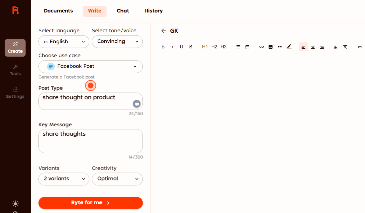 Rytr AI offers a simple interface and effortless content creation