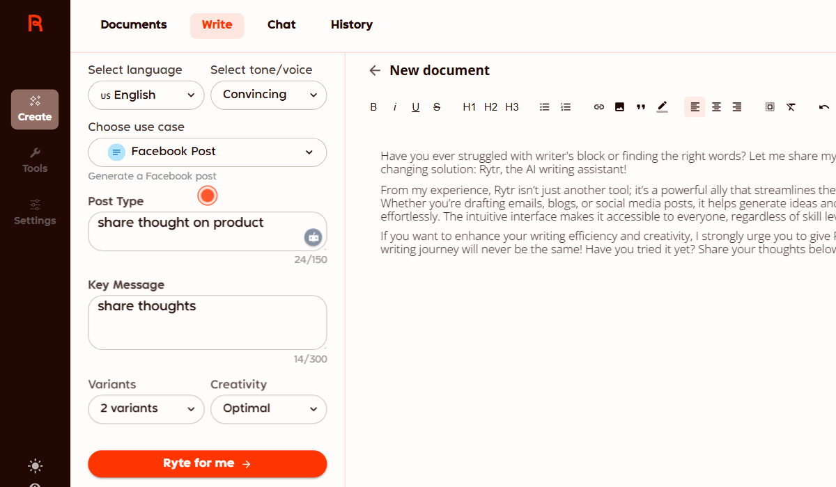 Rytr AI specializes in short-form content