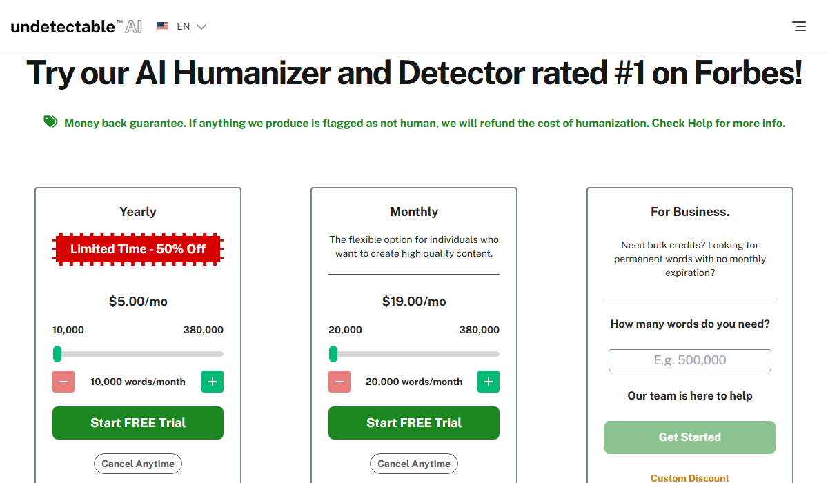 Undetectable AI Pricing Plan