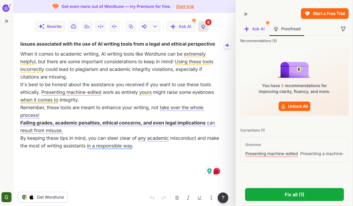 Wordtune Paraphrase offers fresh sentence alternatives