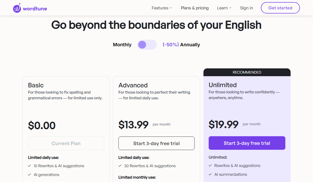 Wordtune Pricing Plan