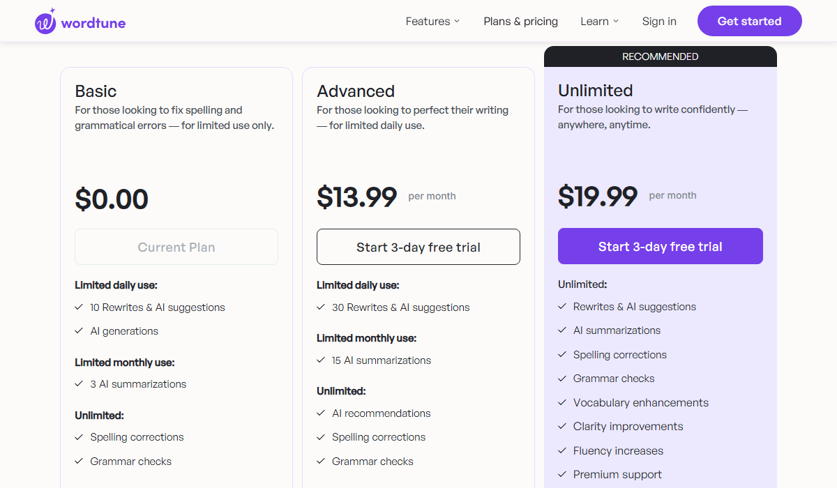 Wordtune Pricing Plan