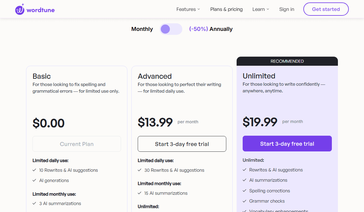 Wordtune Pricing Plans