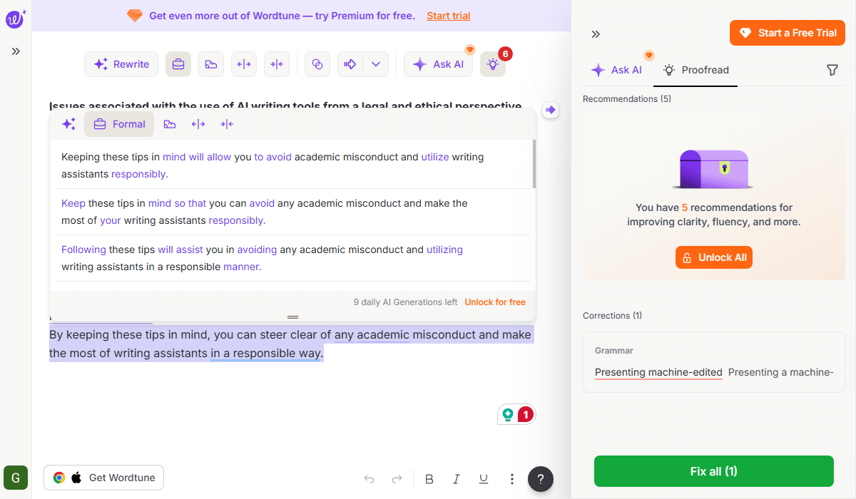 Wordtune Rewrite adjusts tone, length, and style instantly