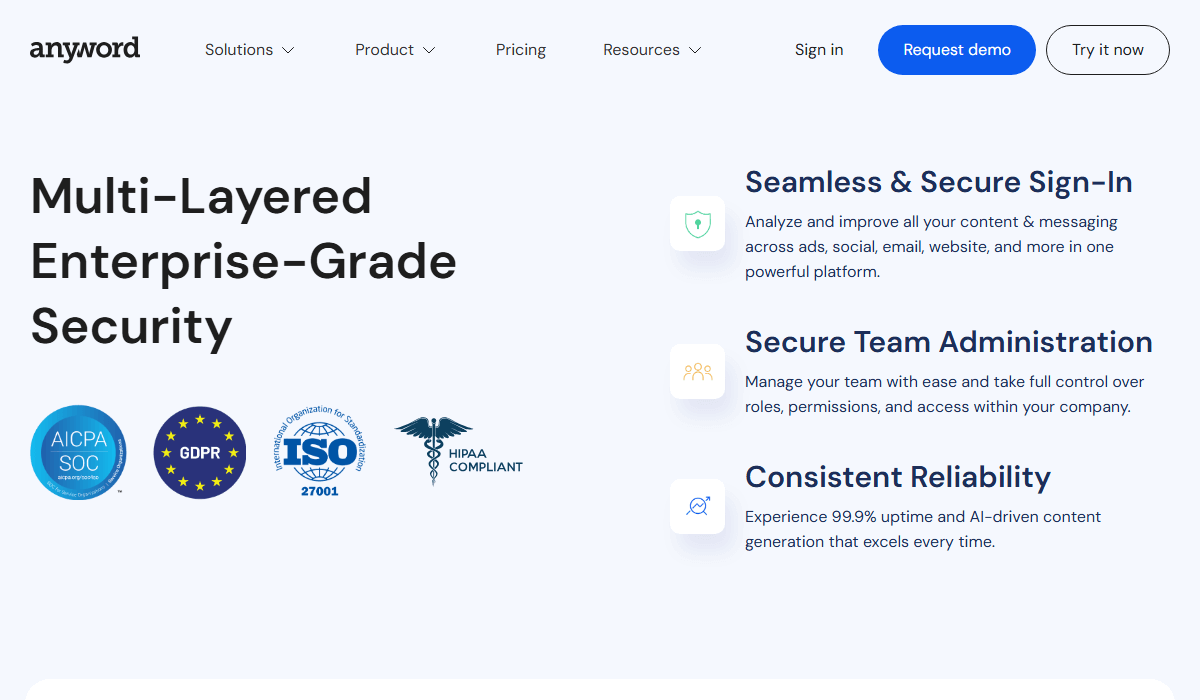 Anyword's compliance with SOC 2, ISO 27001, GDPR, and HIPAA