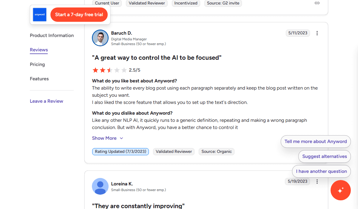 A critical G2 review pointing out AI limitations