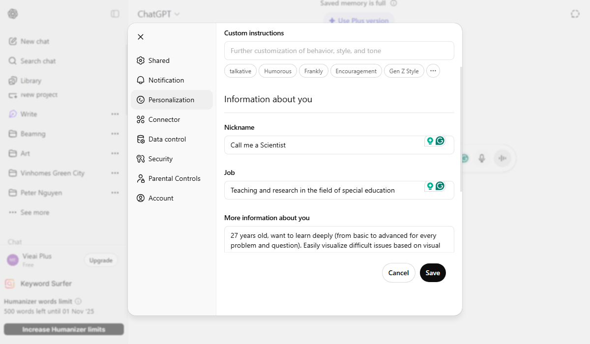 ChatGPT uses Custom Instructions and memory to keep the voice consistent