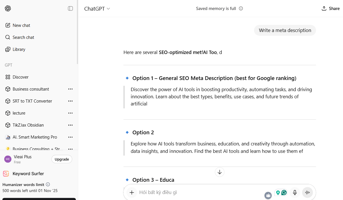 GravityWrite vs ChatGPT: ChatGPT needs manual SEO prompts