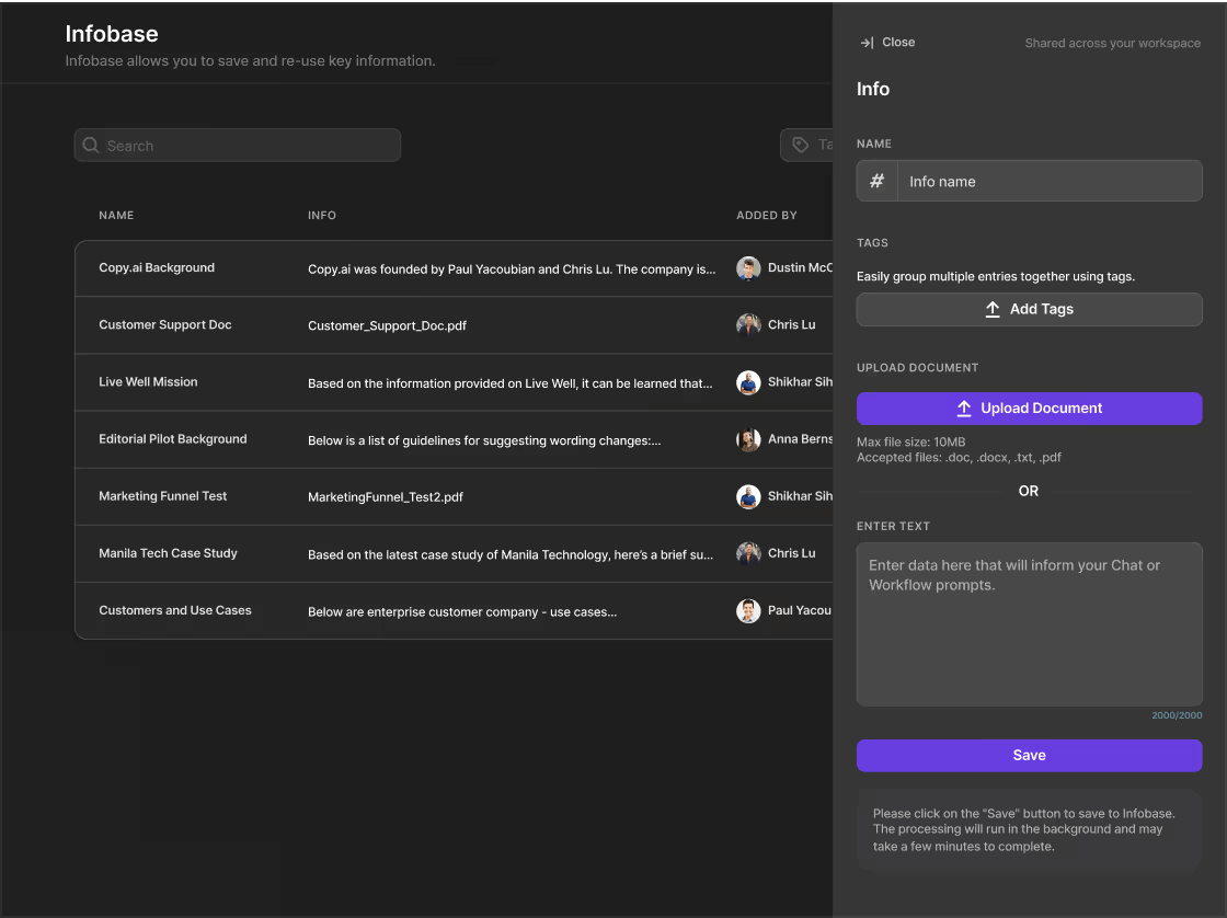 Copy.ai uses Brand Voice and Infobase for accurate