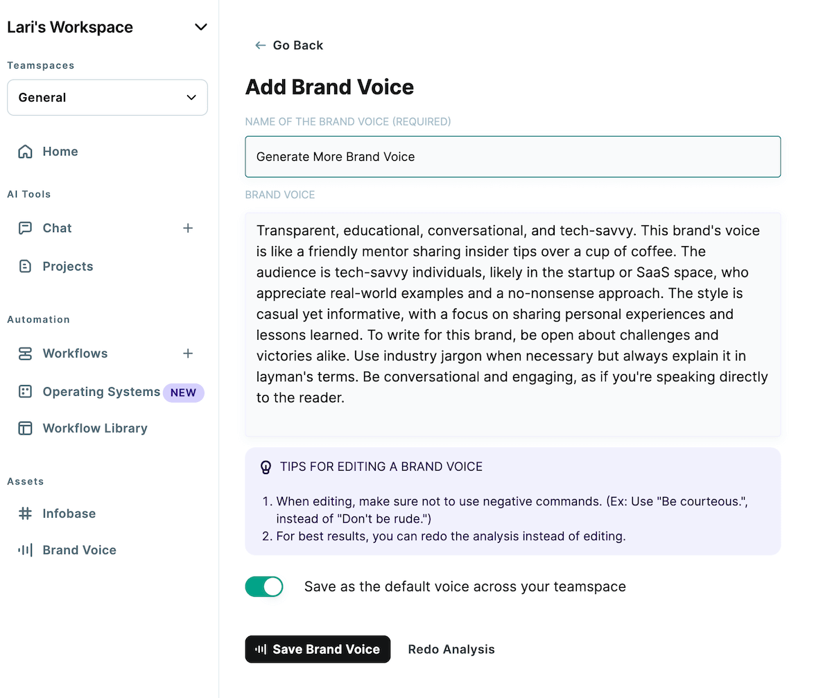 Copy AI manages a consistent brand voice with Infobase and customization