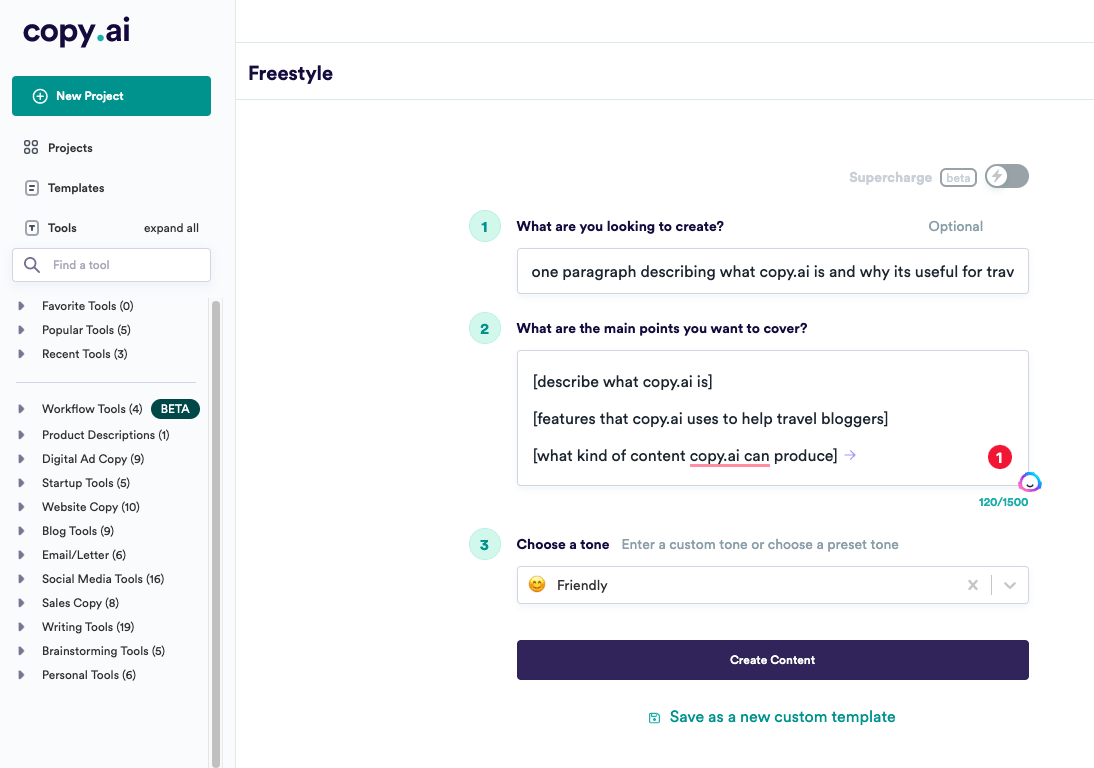 Copy AI creates content fast with 90+ AI models