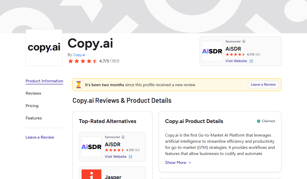 Copy.ai's overall rating of 4.7/5 stars on G2