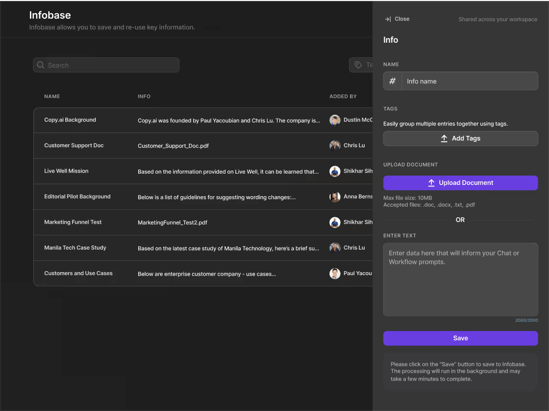 Copy AI's Infobase enhances team collaboration and shared knowledge