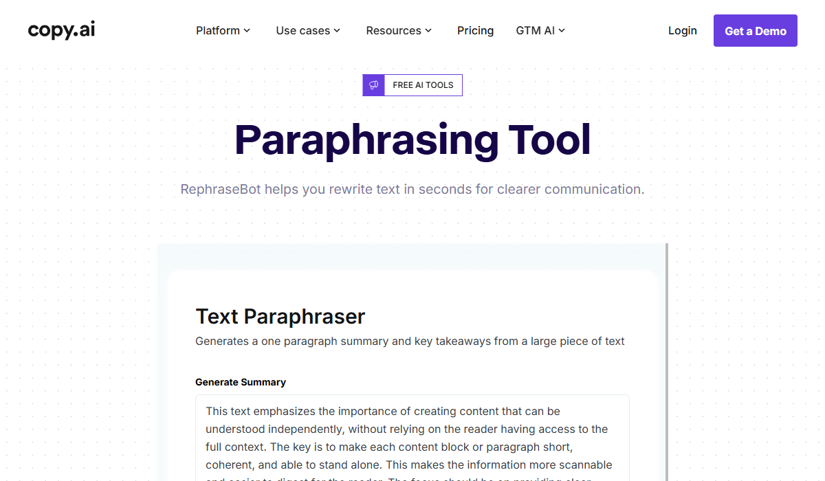 Copy.ai's paraphrasing tool lacks the versatility of Quillbot