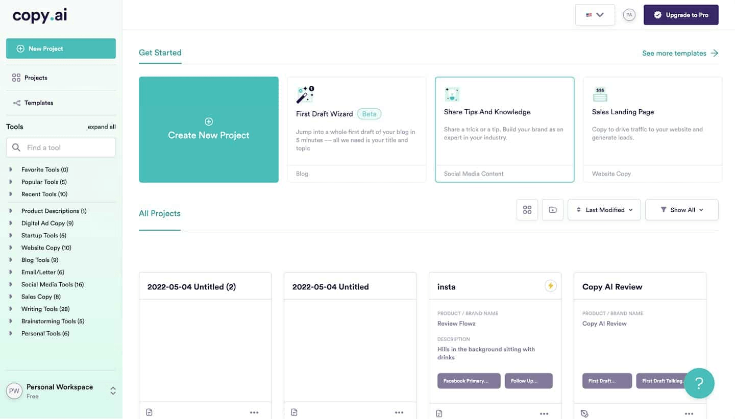 Copy.ai automates full projects, acting like an AI assistant