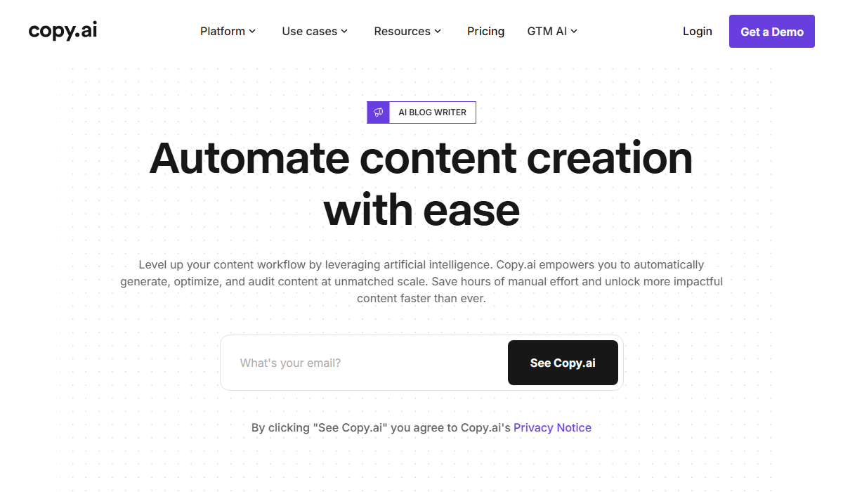 Copy AI provides advanced SEO tools and automation for scaling teams