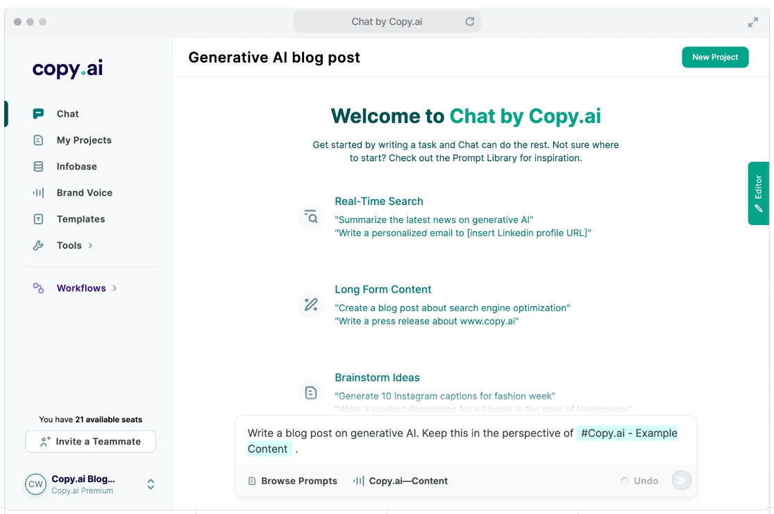 Copy.ai Chat connects templates and workflows for marketers
