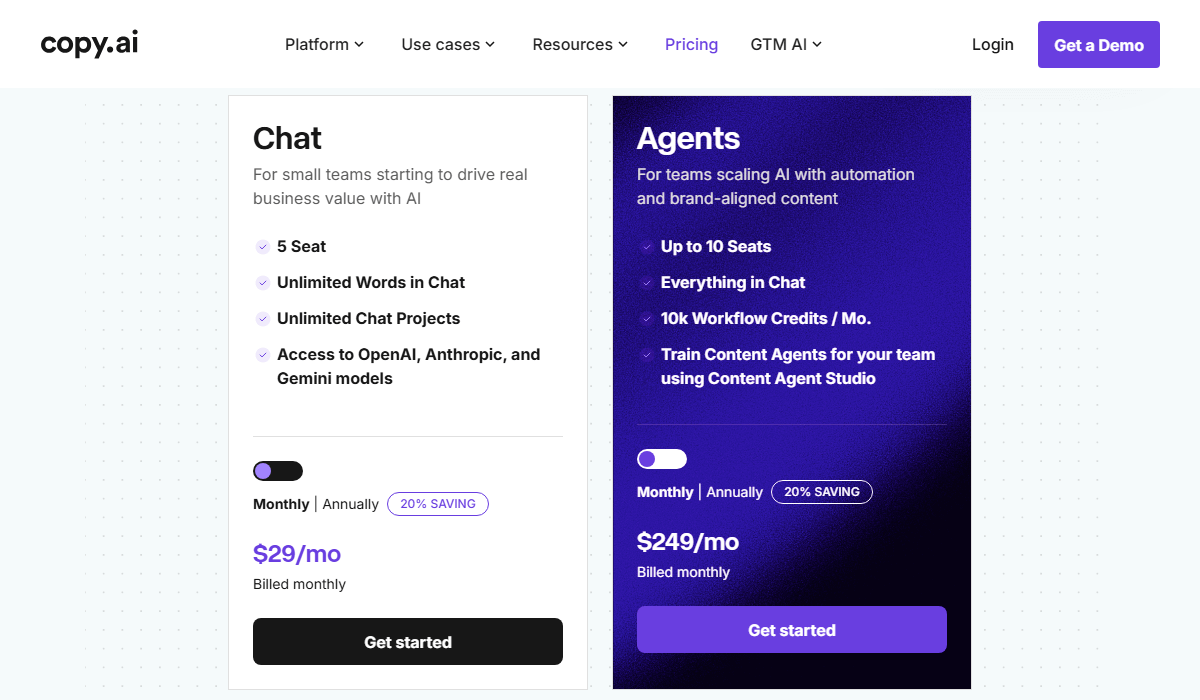 Copy AI pricing and plan options for teams and automation