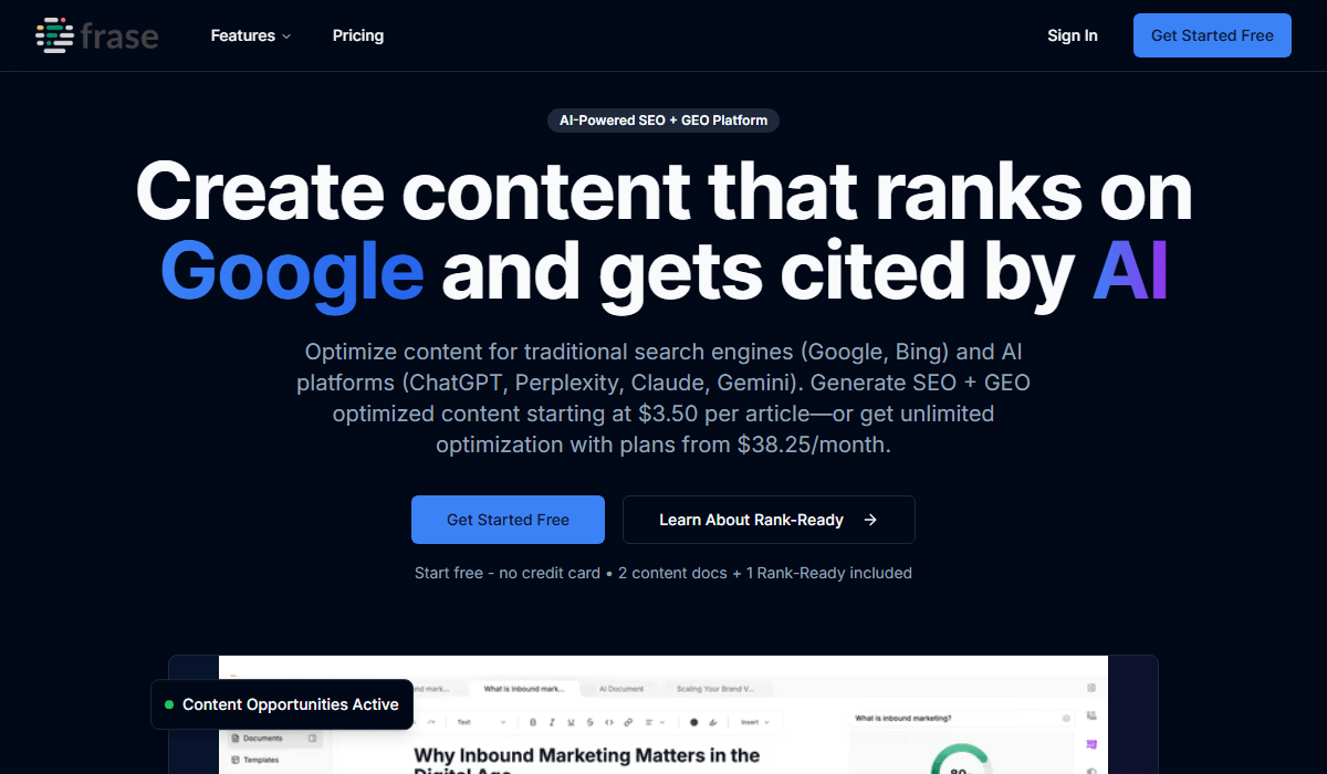 Frase is an AI tool that combines SEO and GEO for optimized content
