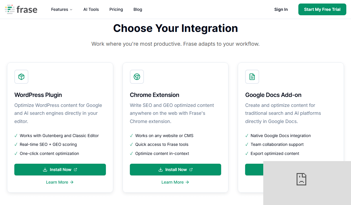 Frase integrates well with Google Docs and Search Console