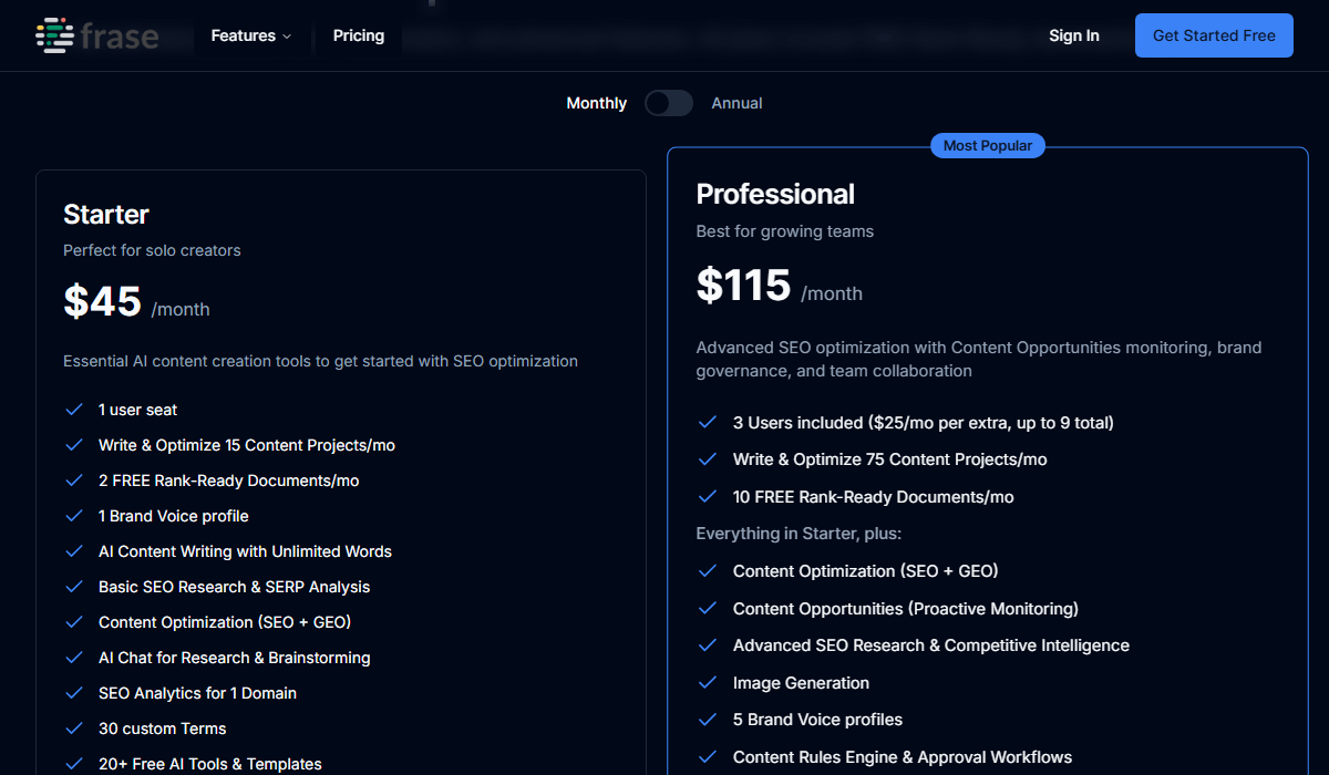 Frase.io Pricing Plans