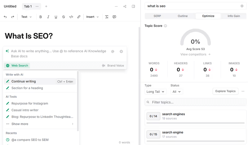 Frase's SEO capabilities with real-time content score