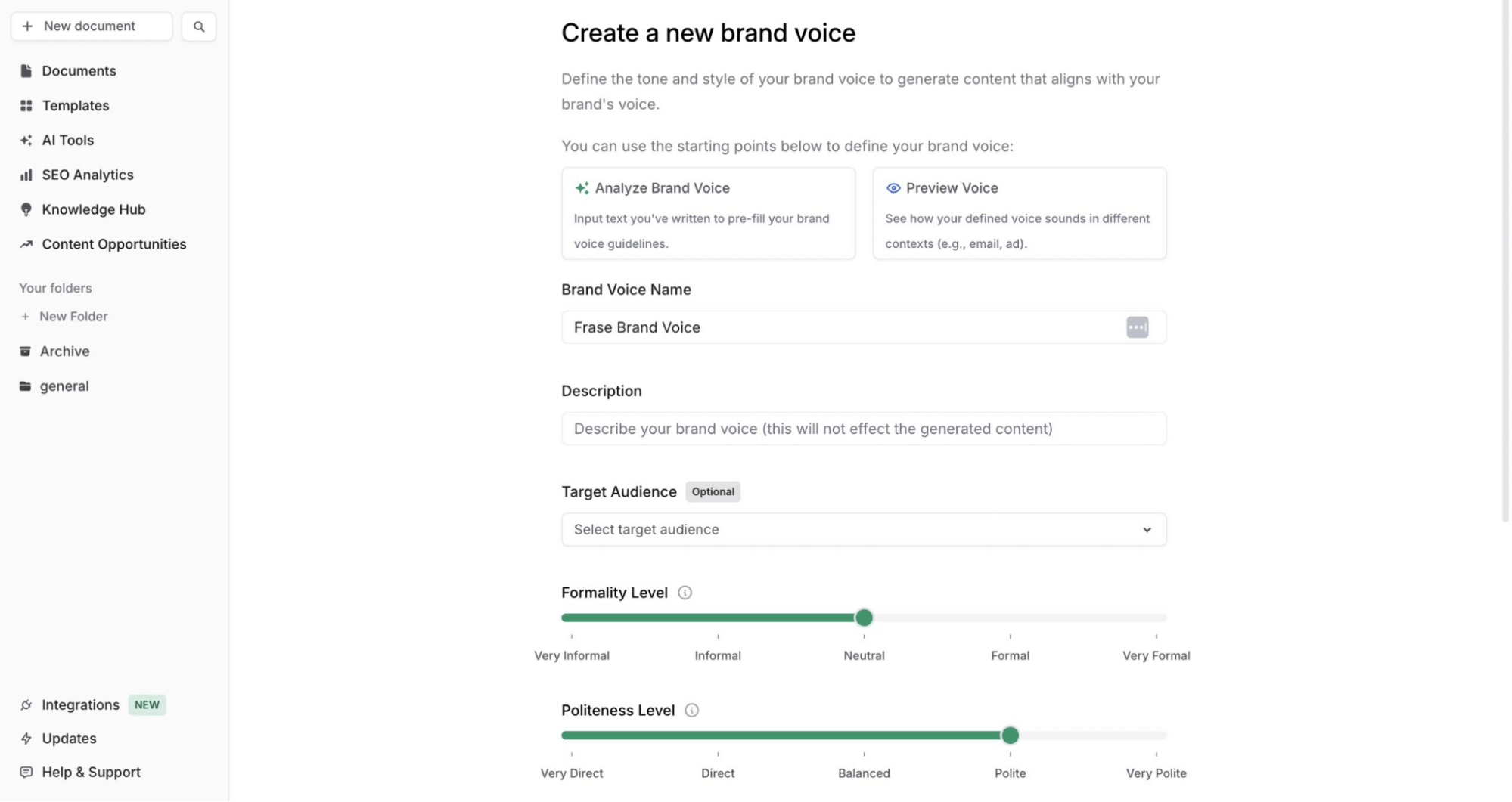 Frase's website-based style matching for content creation