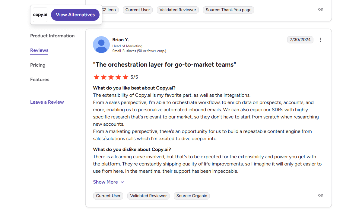 G2 review of Copy.ai for GTM teams