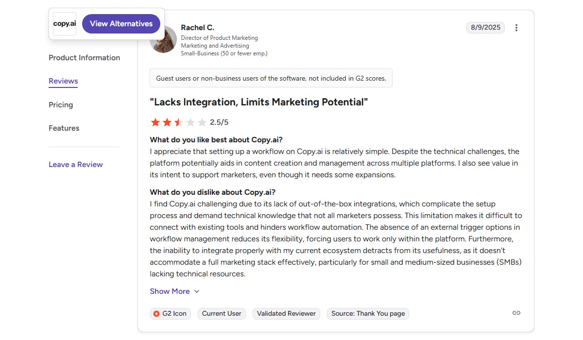 A G2 user review criticizing Copy.ai's integrations