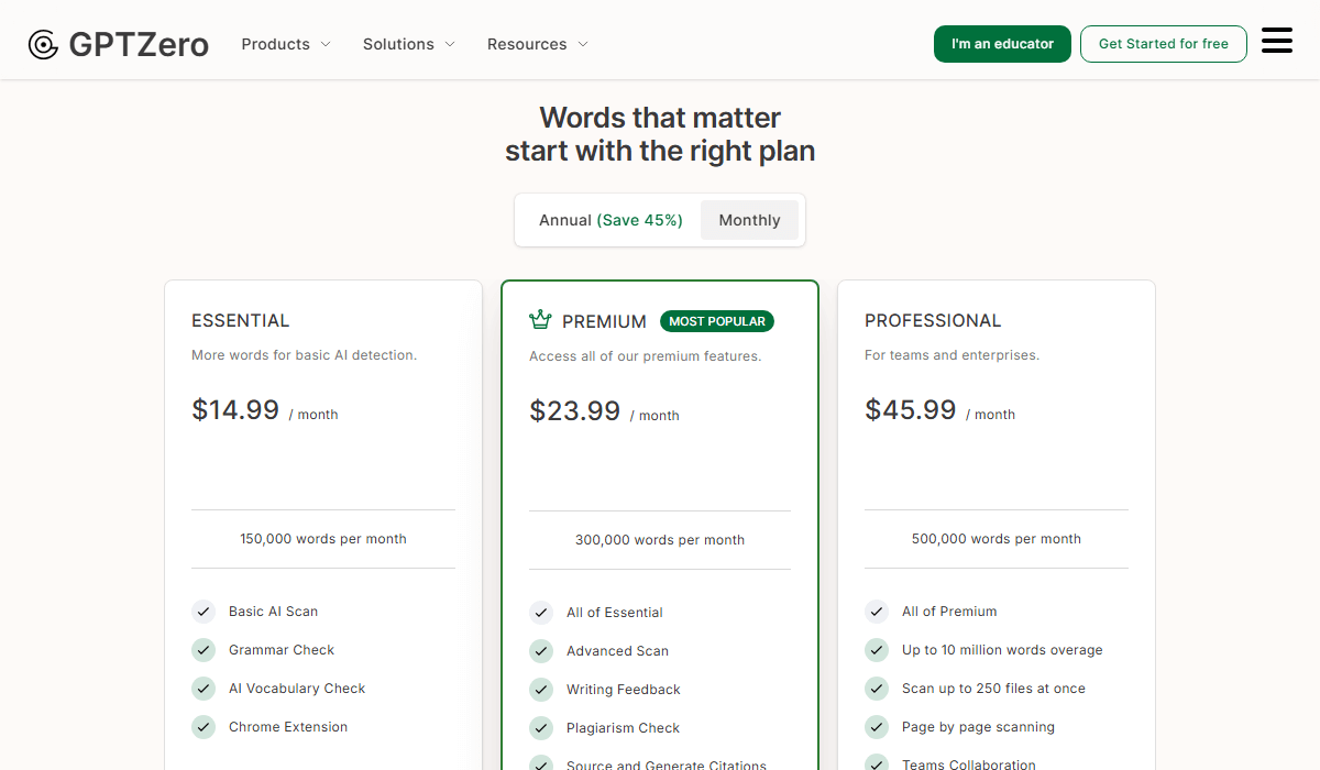 GPTZero Pricing Plan