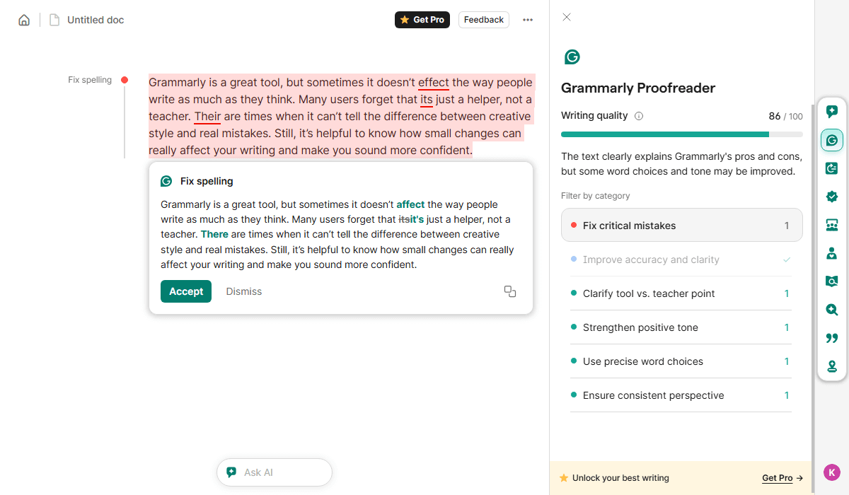 Grammarly excels at detecting grammar and style errors