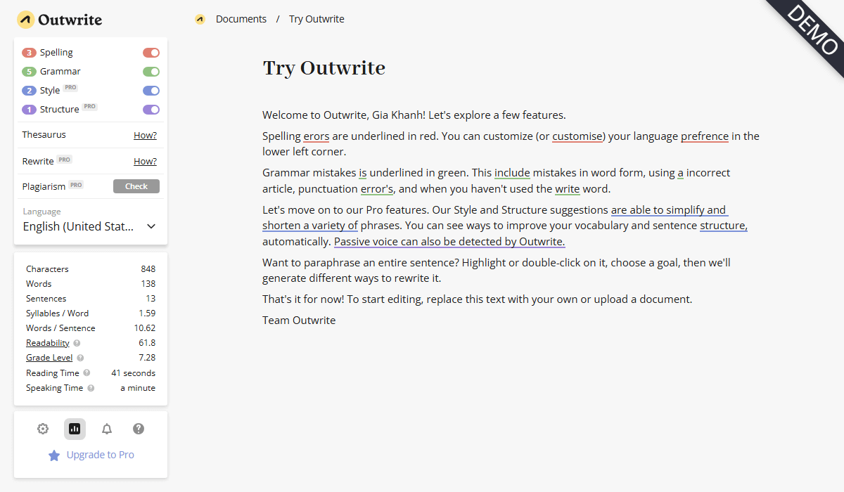 Outwrite excels in grammar checking and error correction