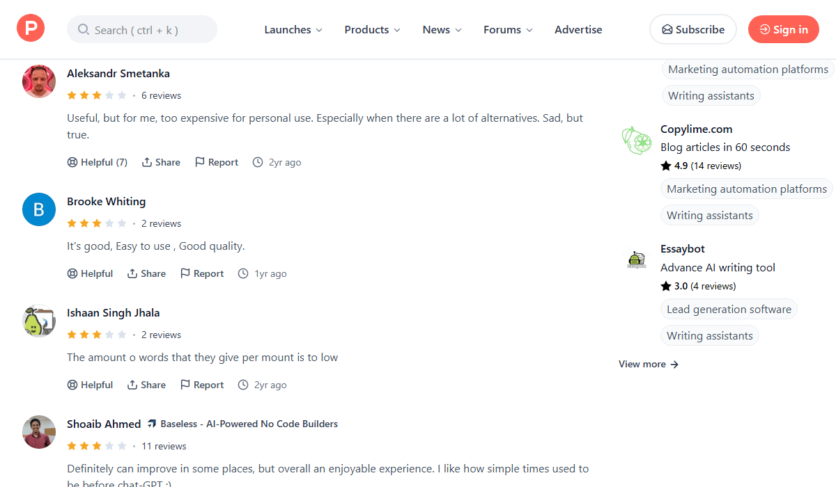 Mixed user feedback for Copy.ai on Product Hunt