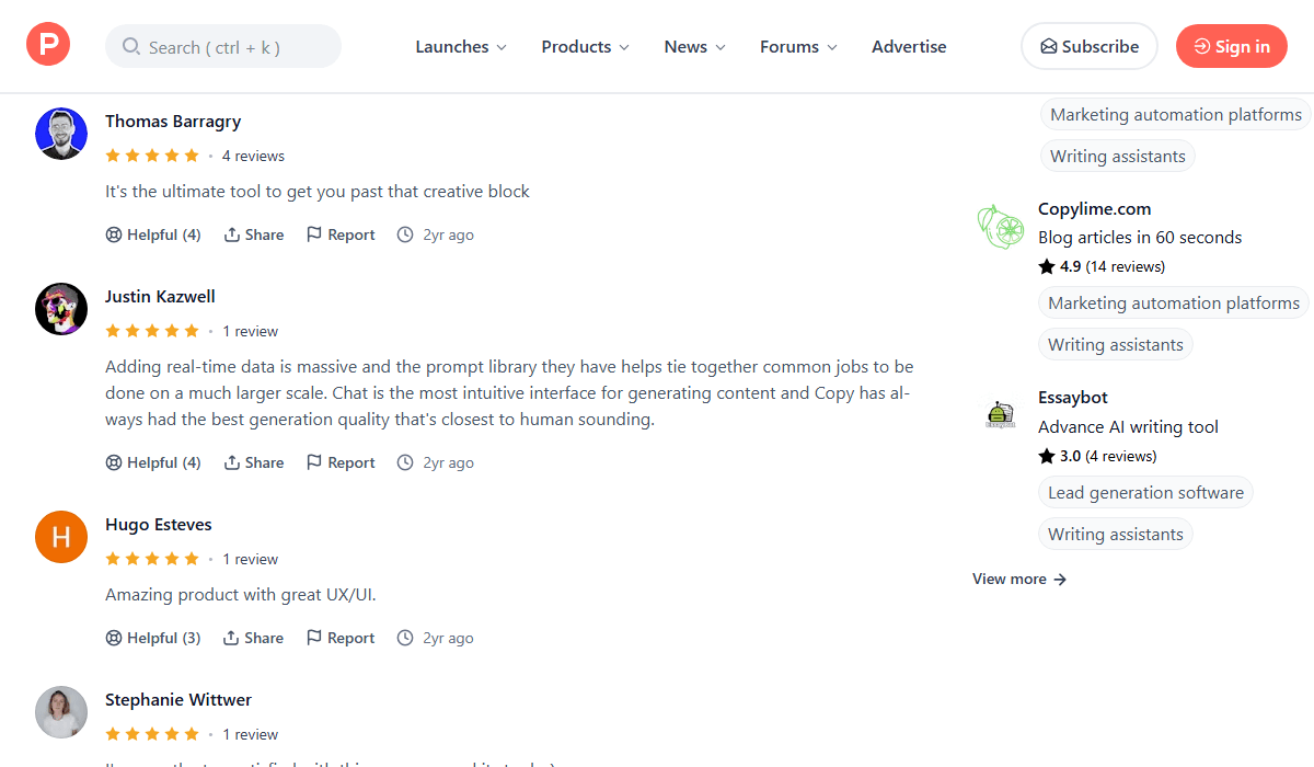 Positive user reviews for Copy.ai on Product Hunt