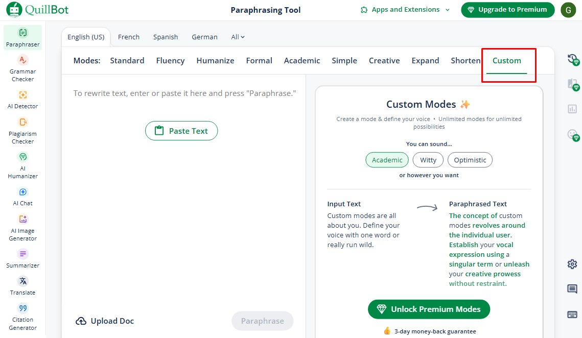 QuillBot's Custom Modes let you define unique brand voices