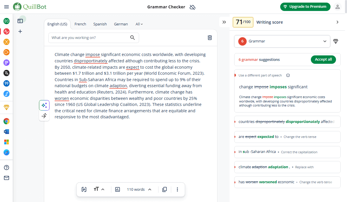 QuillBot offers detailed grammar checks and plagiarism detection