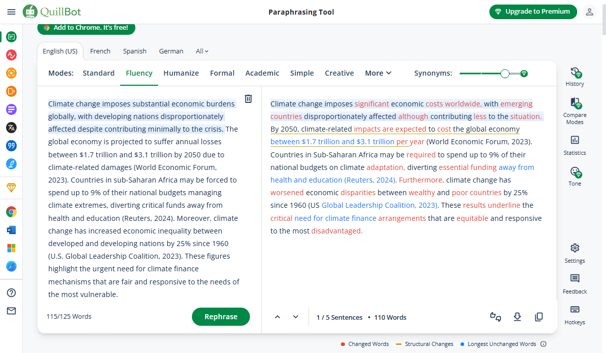 QuillBot excels at paraphrasing with multiple tone options