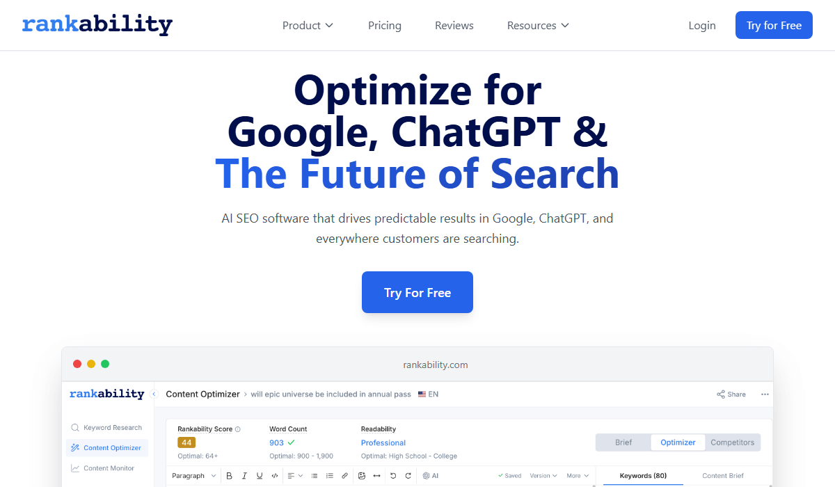 Rankability is a focused AI content optimizer with tracking