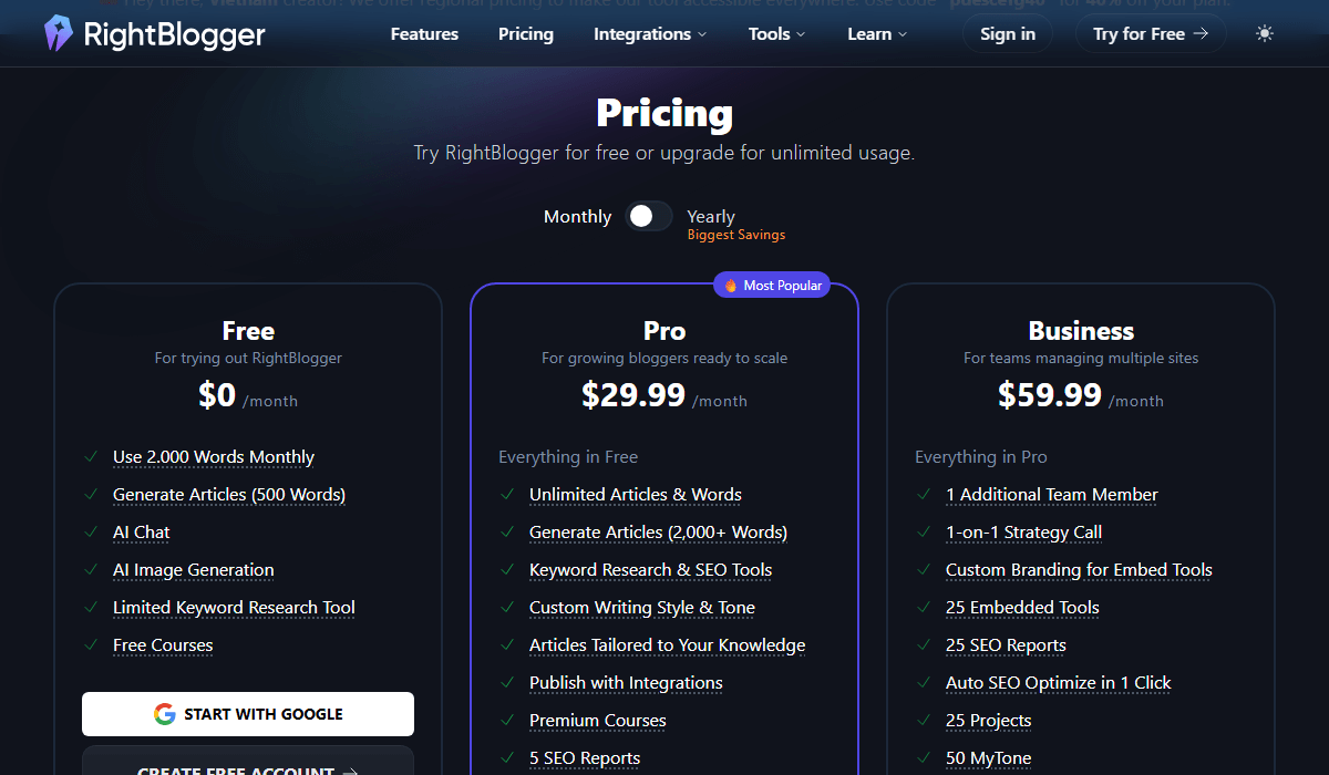 Rightblogger Pricing Plan