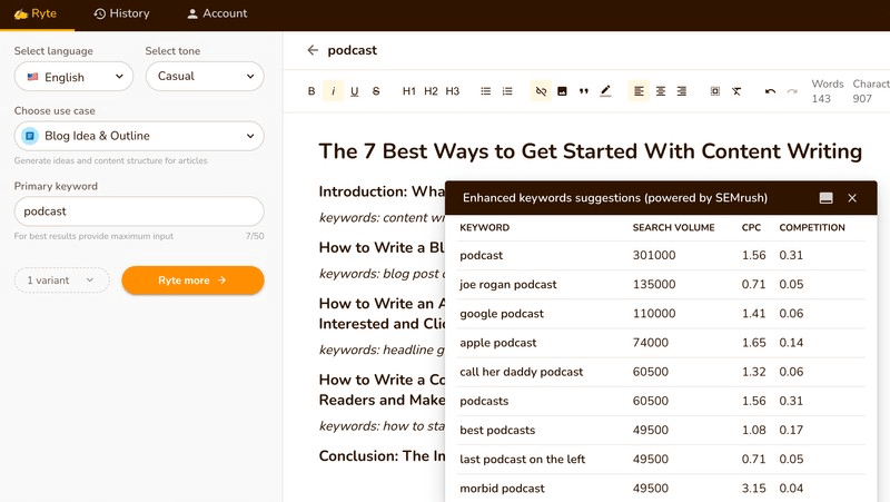 Rytr offers simple SEO tools and templates for individual creators
