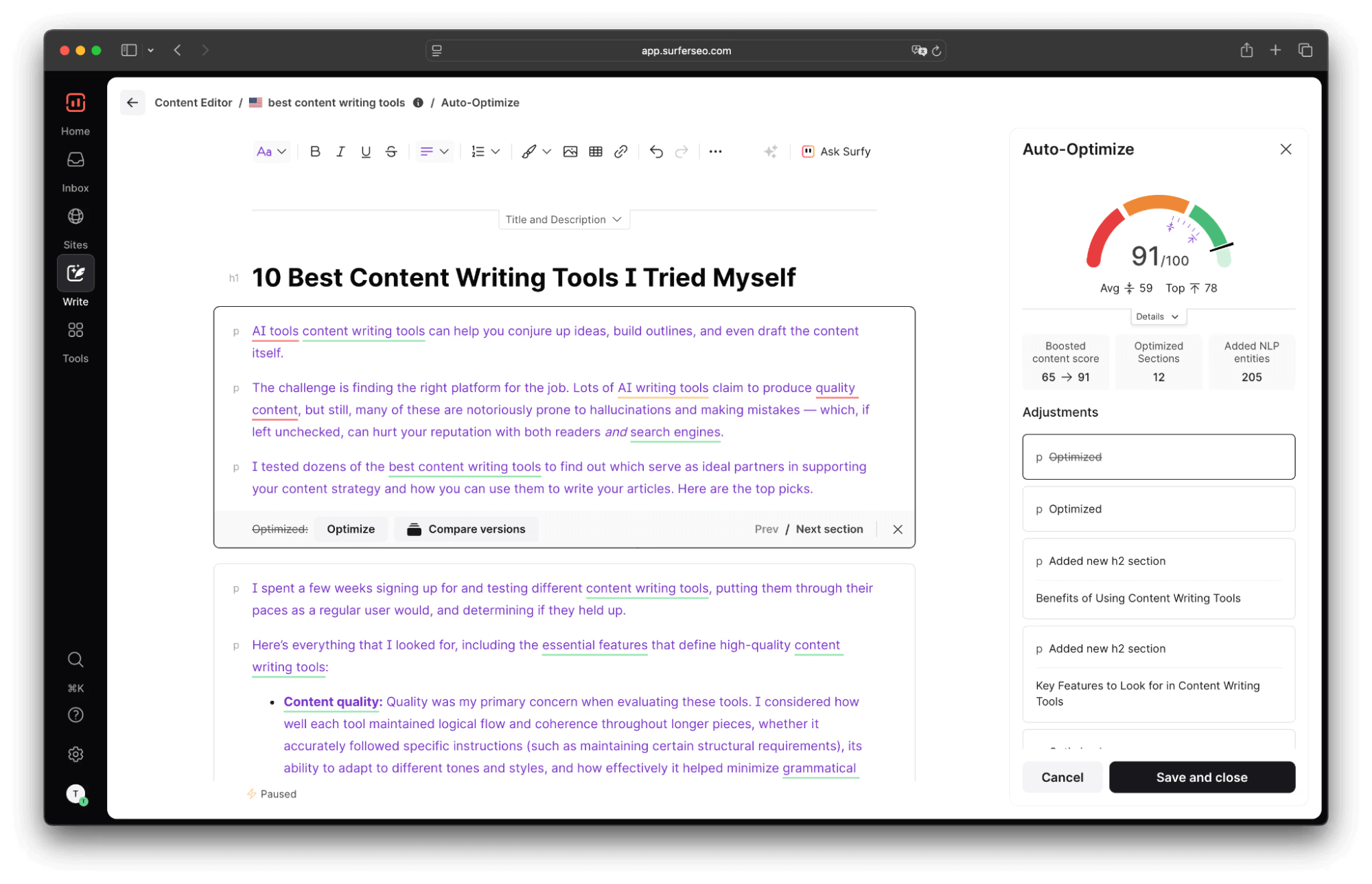 Surfer SEO generates AI titles, but lacks detailed outlines