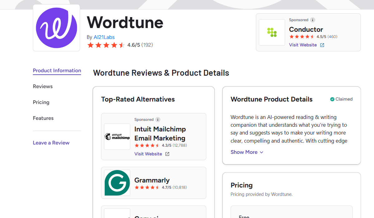 Wordtune holds a strong 4.6/5 star rating on G2