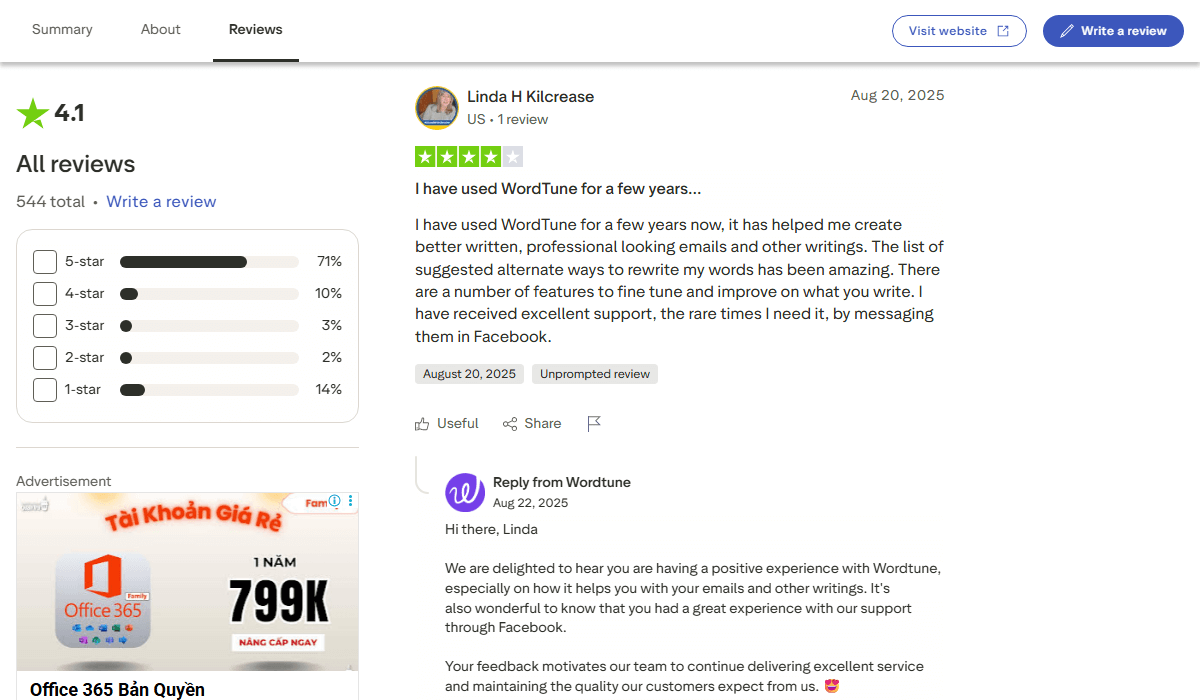 A long-term user praises Wordtune for improving emails