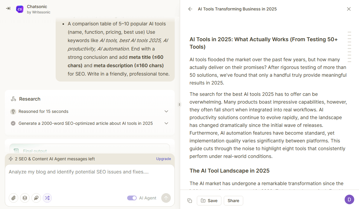 Writesonic generates new content quickly with templates