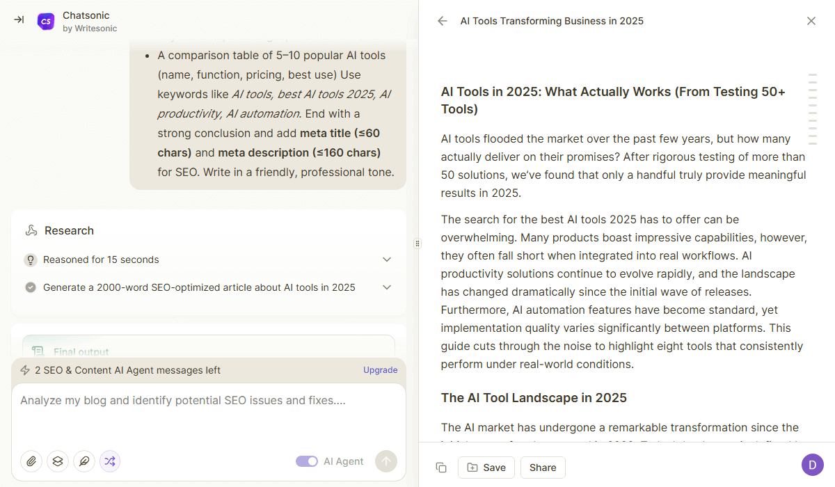 Writesonic excels in fast content but lacks depth for blogs