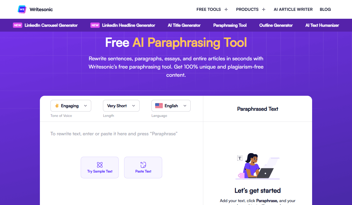 Writesonic’s Free AI Paraphrasing Tool