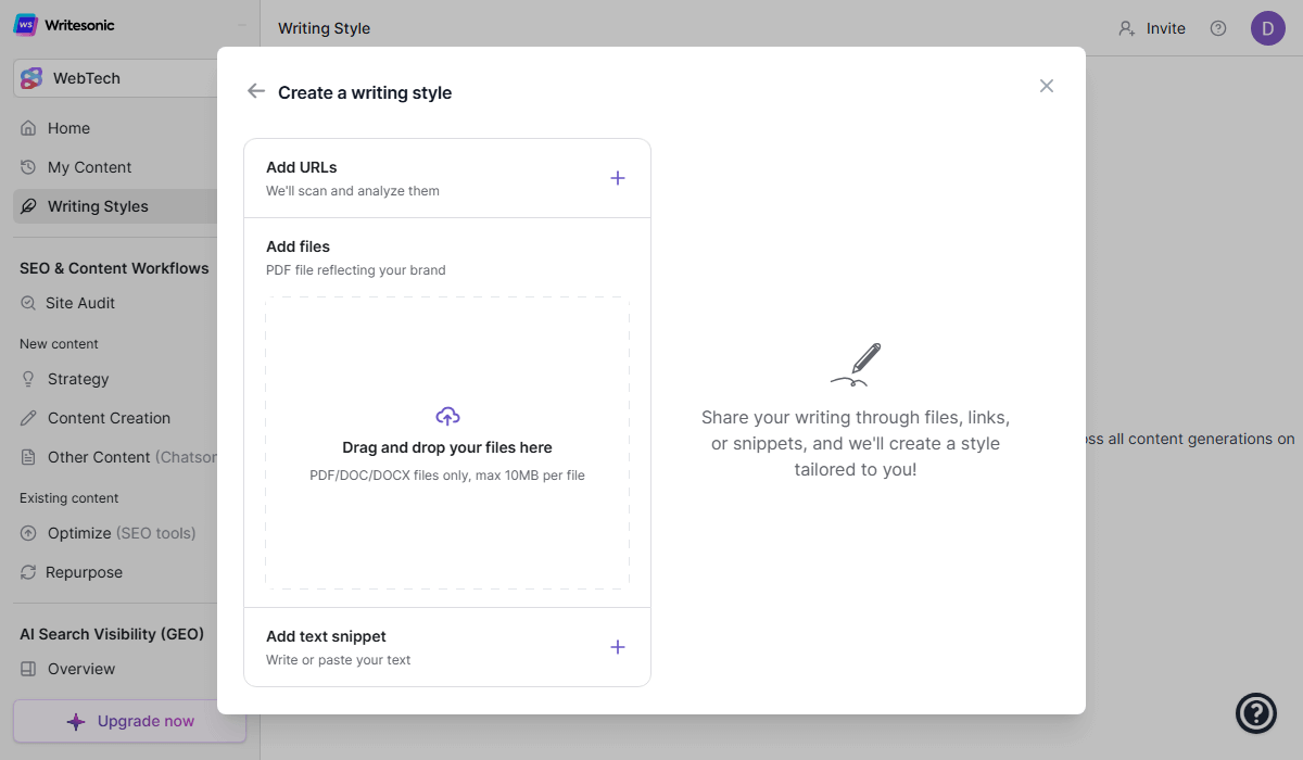 Writesonic's voice creation feature is simple and effective for tone