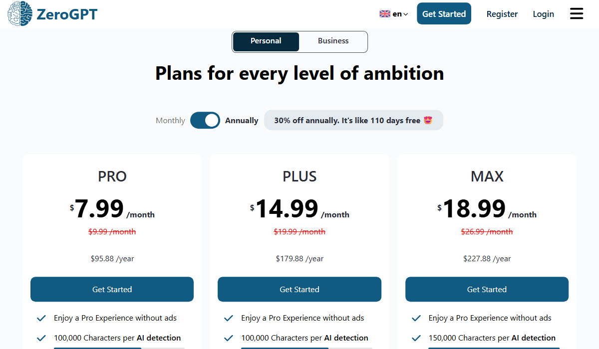ZeroGPT Pricing Plan