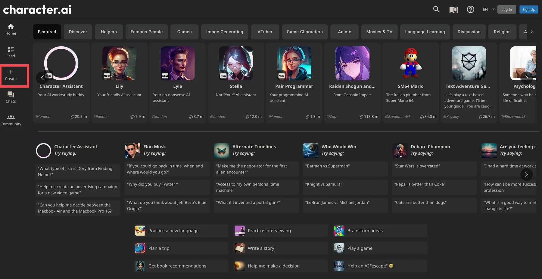 Character AI has a huge library of millions of user-made characters easy search filters